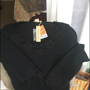 NWT Black sweater w/Laced neckline & sleeve hem